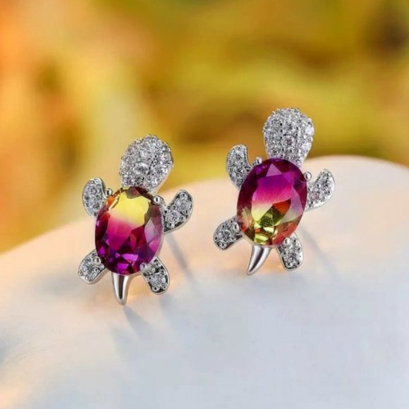 “Just Keep Swimming” Turtle Diamond Stud Earrings - Picture 4 of 11